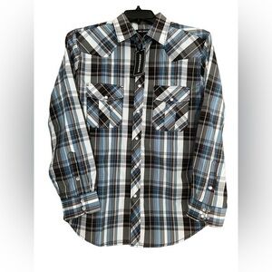 Mens Western Blue Plaid Pearl Snap Shirt Roll Tab‎ Sleeve Cowboy NWT Small Rodeo
